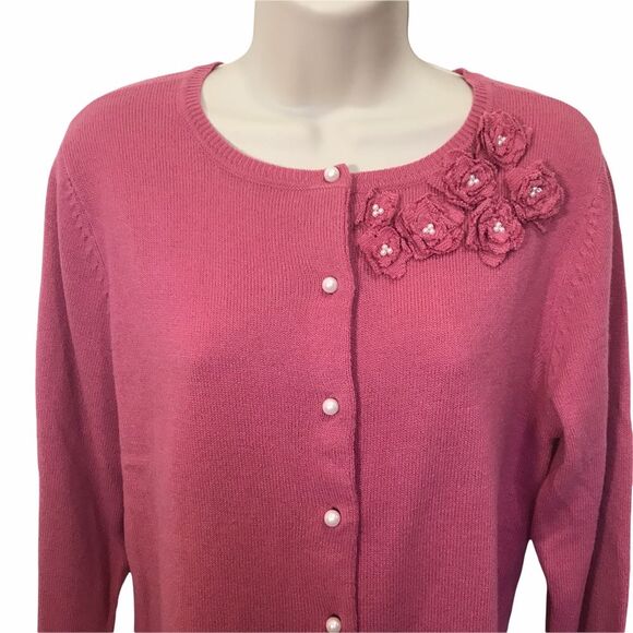 Vintage Pearl Button Floral Rosette Appliqué Rockabilly Cardigan Pink Sz M - Picture 2 of 12